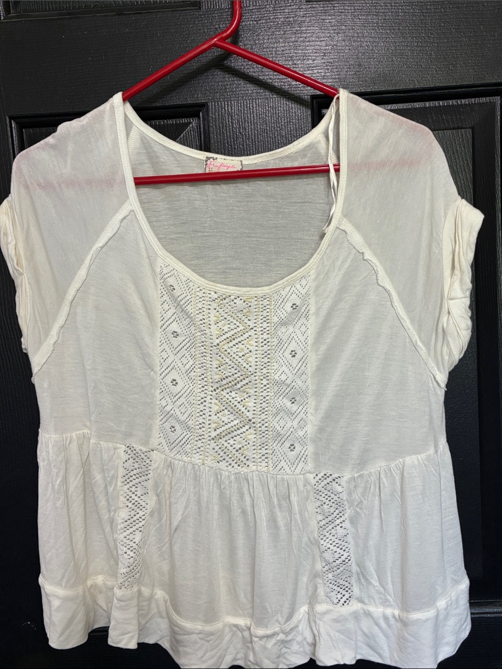 Free People Women's White Crochet Panel Short Sleeve Top New